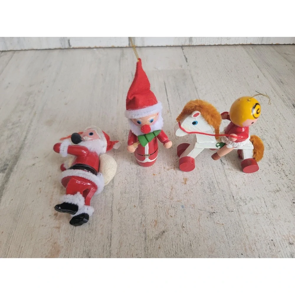 Santa Claus wooden horse vintage ornament Xmas set tree kid pipe